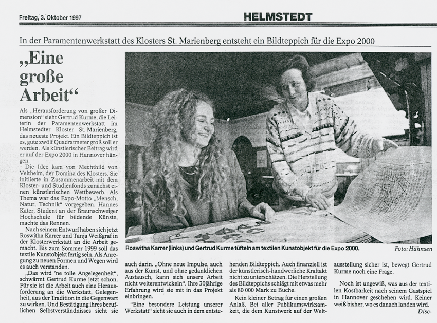 Hannes Kater – Pressebericht über den Bildteppich (den sogenannten Expo-Teppich), der zwischen 1996 bis 1999 in der Paramentenwerkstatt Helmstedt entstanden ist